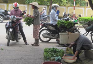 Khu cung ứng thực phẩm, rau xanh tại chợ Nghĩa Phương tấp nập người bán, người mua.